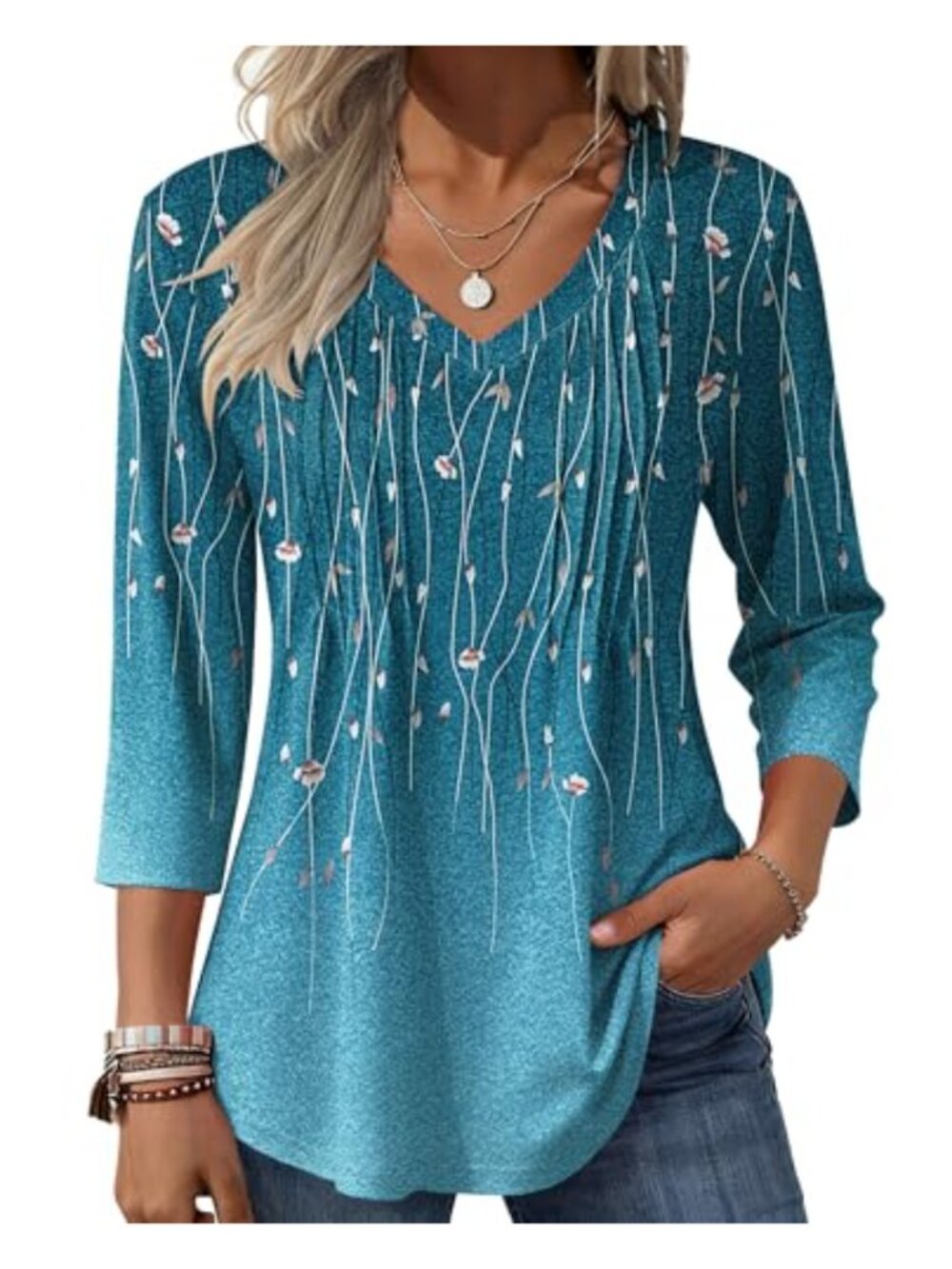 Women's Boho Floral Tunic Blouse 3/4 Sleeve V Neck Pleated Casual Top